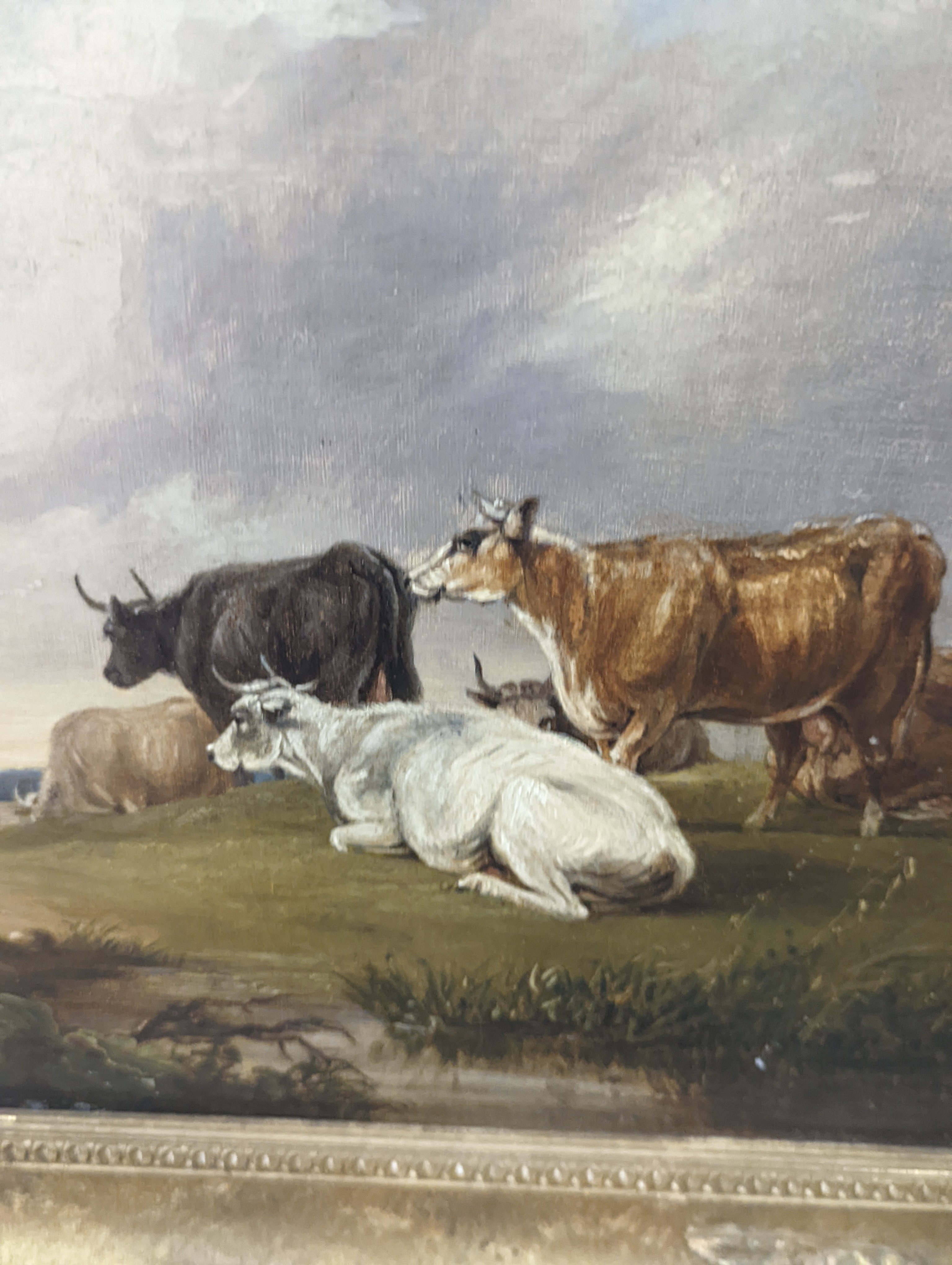 Manner of Thomas Sidney Cooper, oil on canvas, Cattle and donkey in a landscape, 28 x 37cm